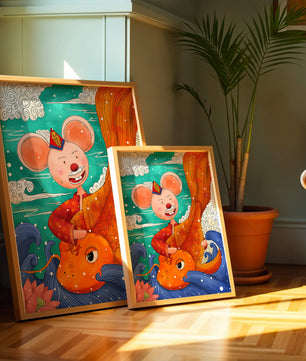 Whimsical illustration of a mouse riding a golden fish in a vibrant fantasy setting