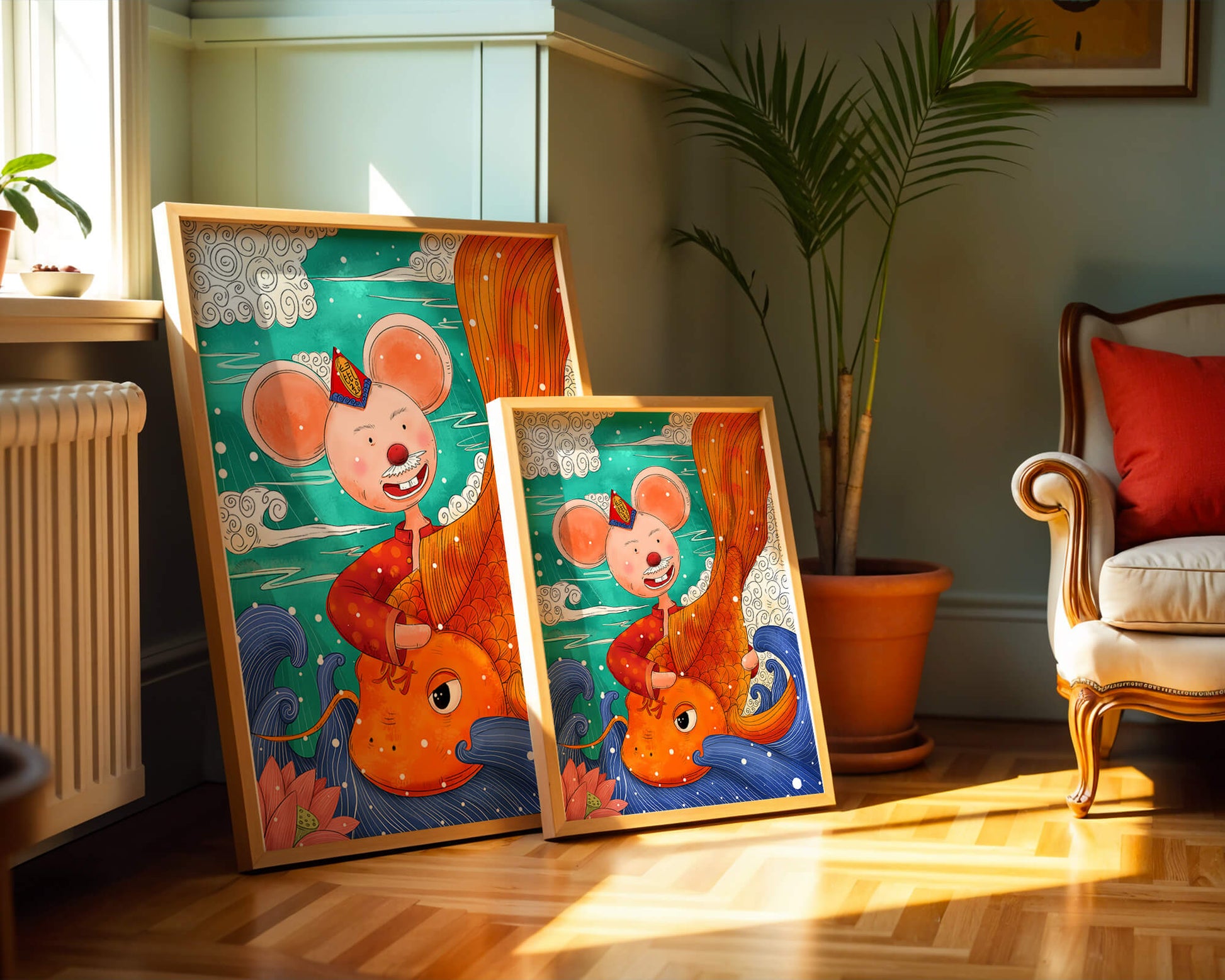 Whimsical illustration of a mouse riding a golden fish in a vibrant fantasy setting