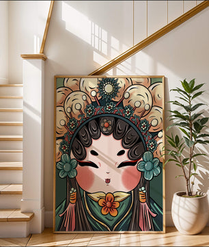 Ilustración encantadora de una muñeca china tradicional con tocado floral