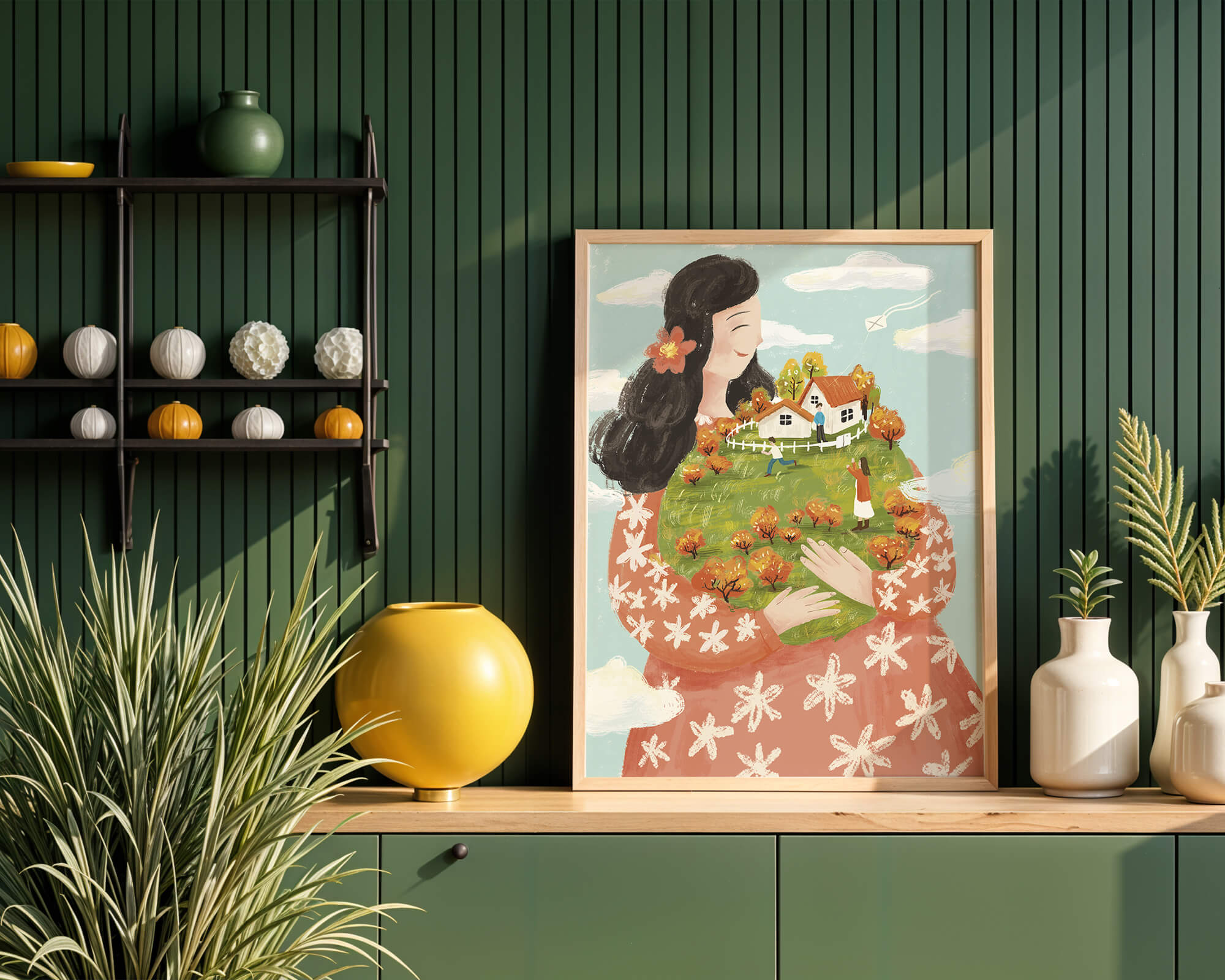 Whimsical Woman Holding Miniature Landscape with Family and Houses