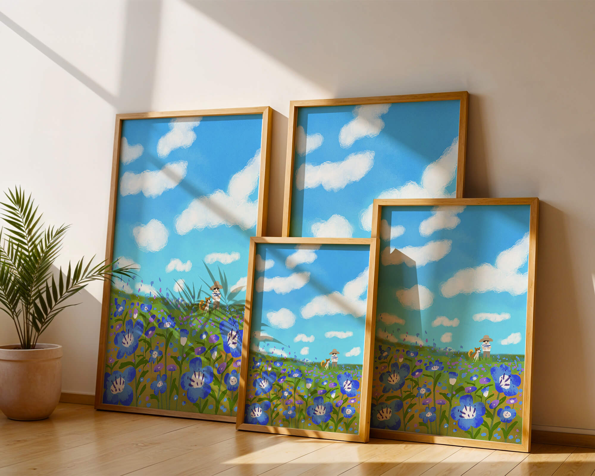 Man and dog in vibrant flower meadow under blue sky