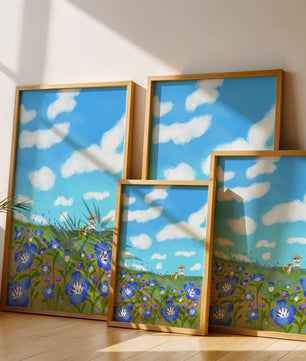 Mann und Hund auf einer leuchtenden Blumenwiese unter blauem Himmel