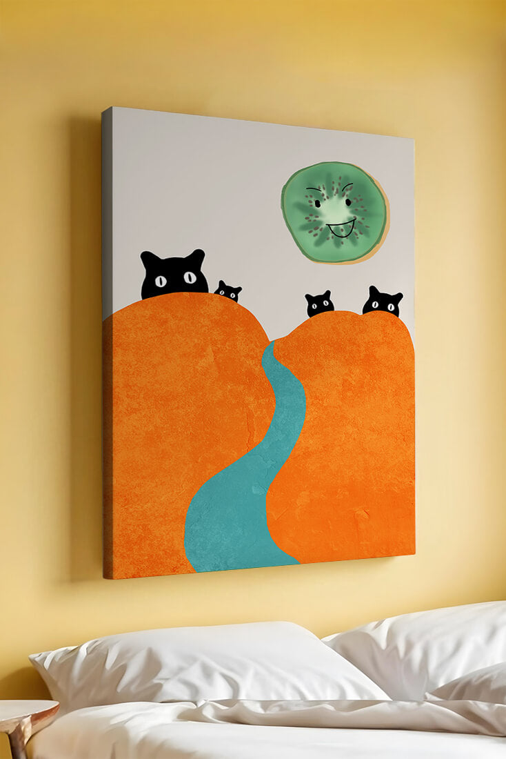 Playful Cats and Smiling Kiwi in Vibrant Hills