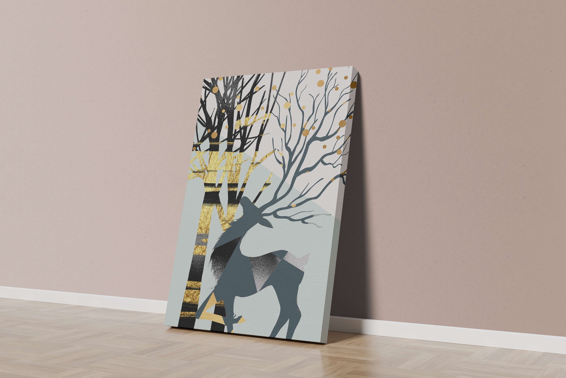 Abstract Deer Silhouette with Golden Accents and Trees