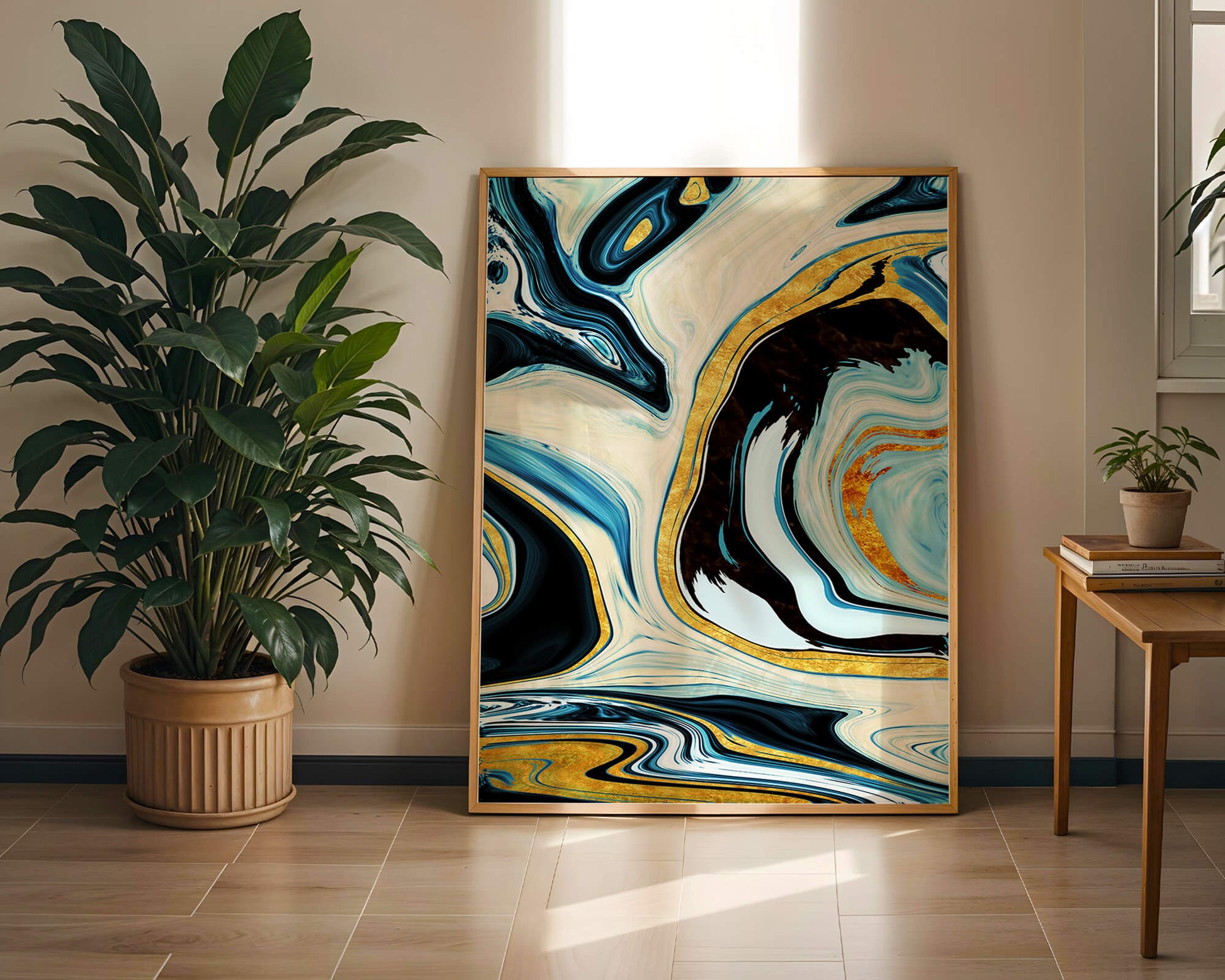 Abstract Marble Art with Gold Accents in Blue and Black Swirls