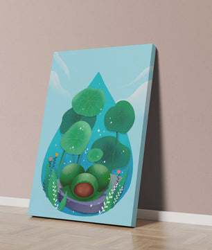 Nature-inspired abstract illustration with leaves and spheres