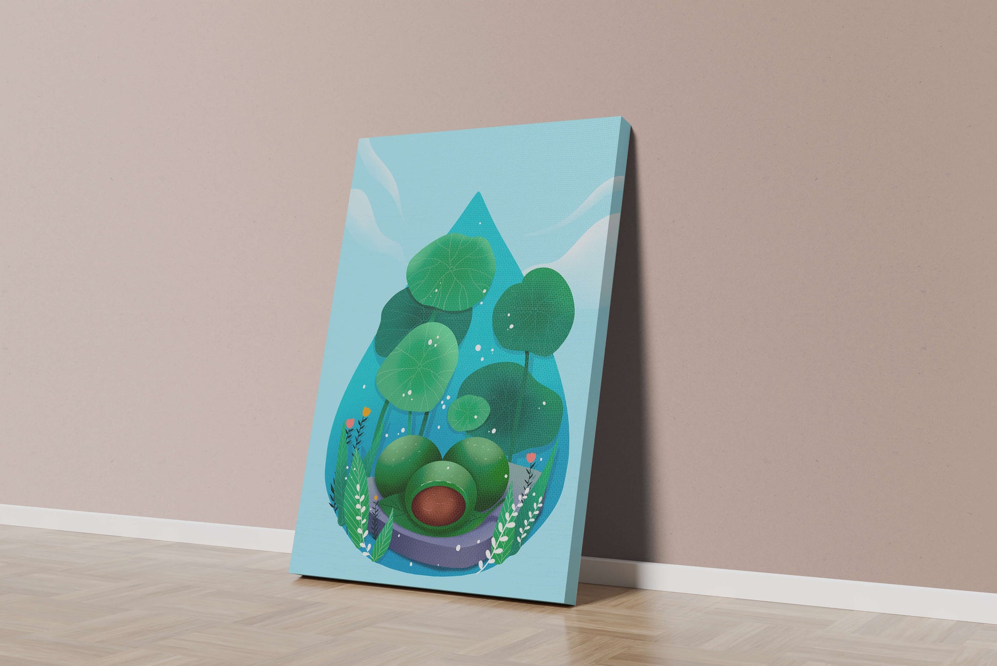 Nature-inspired abstract illustration with leaves and spheres