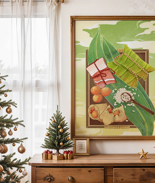 Traditional dumplings wrapped in leaves with ingredients on a vibrant background