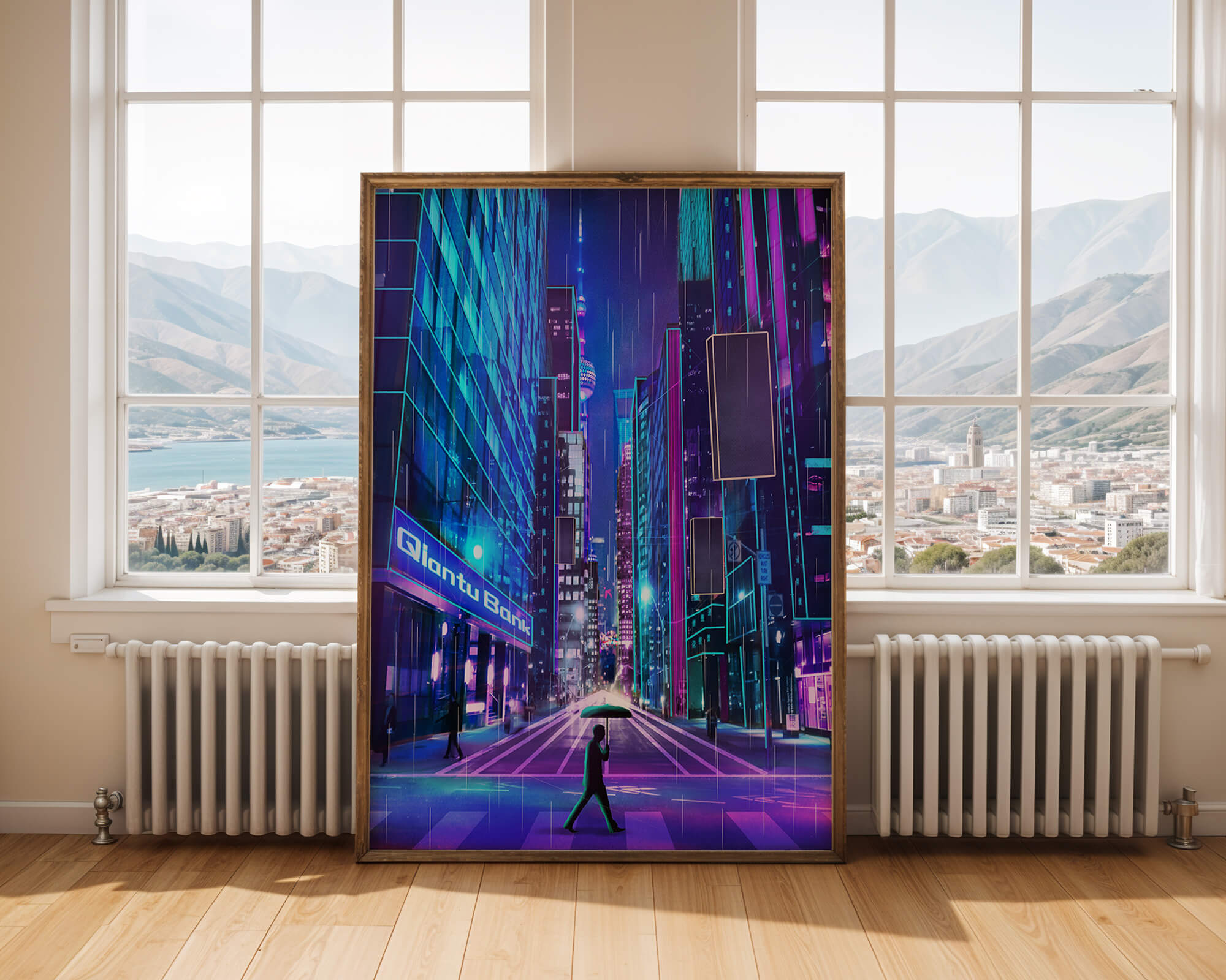 Futuristic urban street scene with neon lights and rainy atmosphere