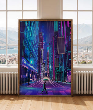 Scène de rue urbaine futuriste avec des néons et une ambiance pluvieuse