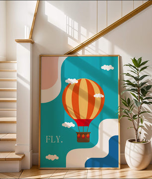 Bunte Heißluftballon-Illustration mit Wolken und abstrakten Formen