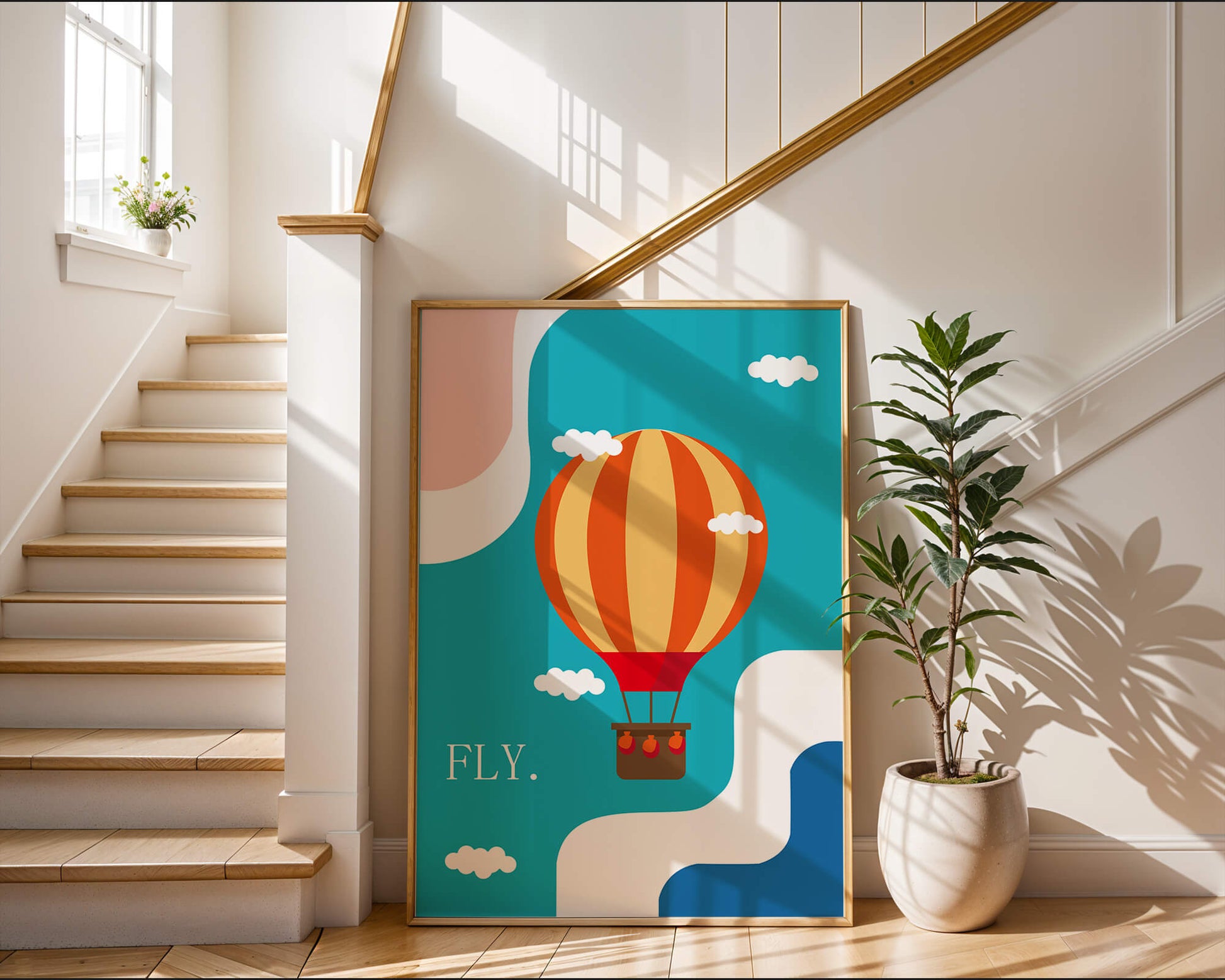 Bunte Heißluftballon-Illustration mit Wolken und abstrakten Formen