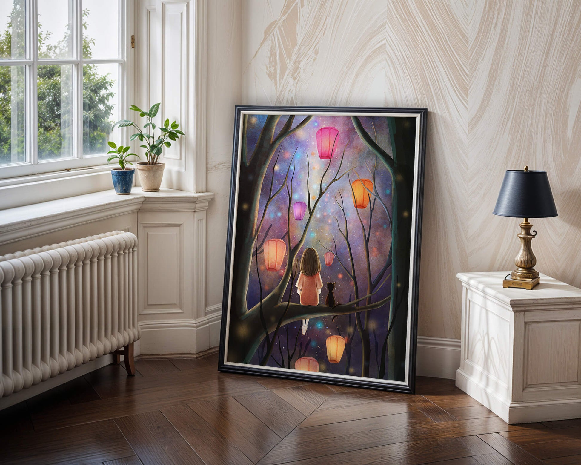Scène nocturne enchanteresse avec des lanternes et une fille dans la forêt