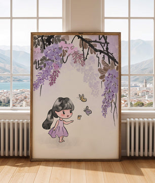 Charmante Illustration eines kleinen Mädchens mit Schmetterlingen und Glyzinienblüten