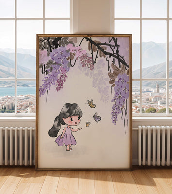 Charming illustration of a little girl with butterflies and wisteria flowers