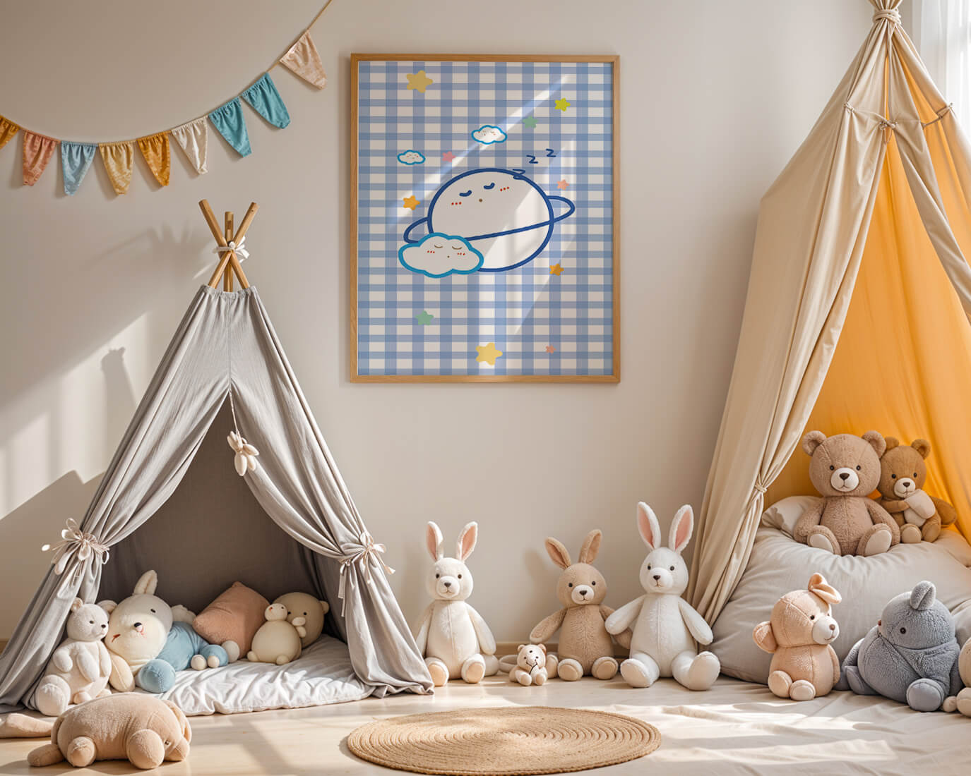 Whimsical sleep theme with planets and clouds on a checkered background