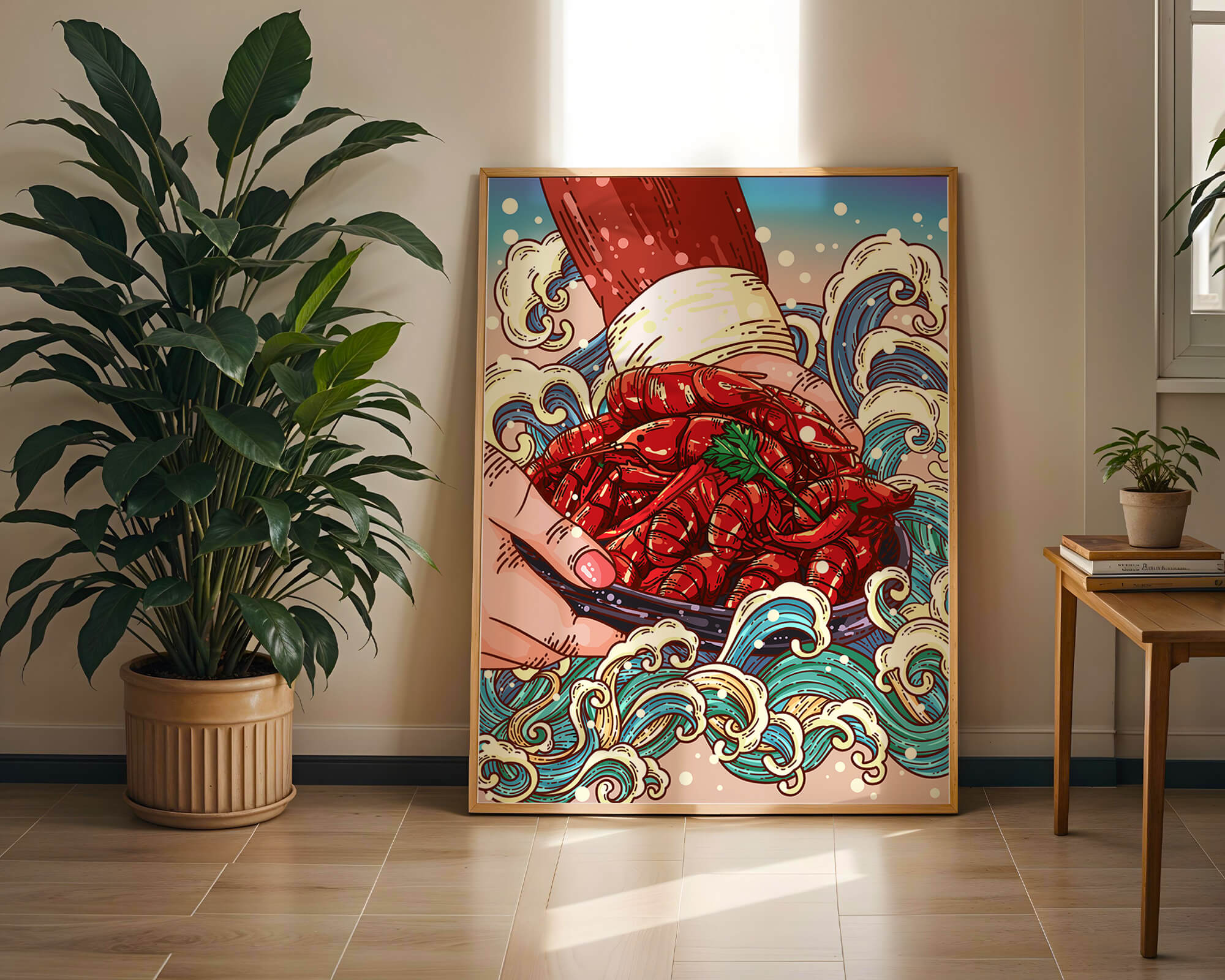 Colorful Cartoon Illustration of Hand Holding Crawfish Over Decorative Waves