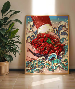 Colorful Cartoon Illustration of Hand Holding Crawfish Over Decorative Waves