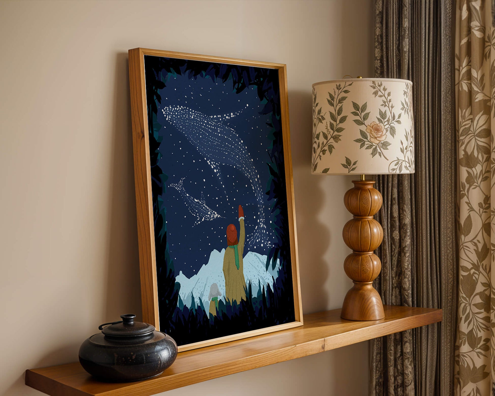 Starry night with whale constellations and mountain scenery