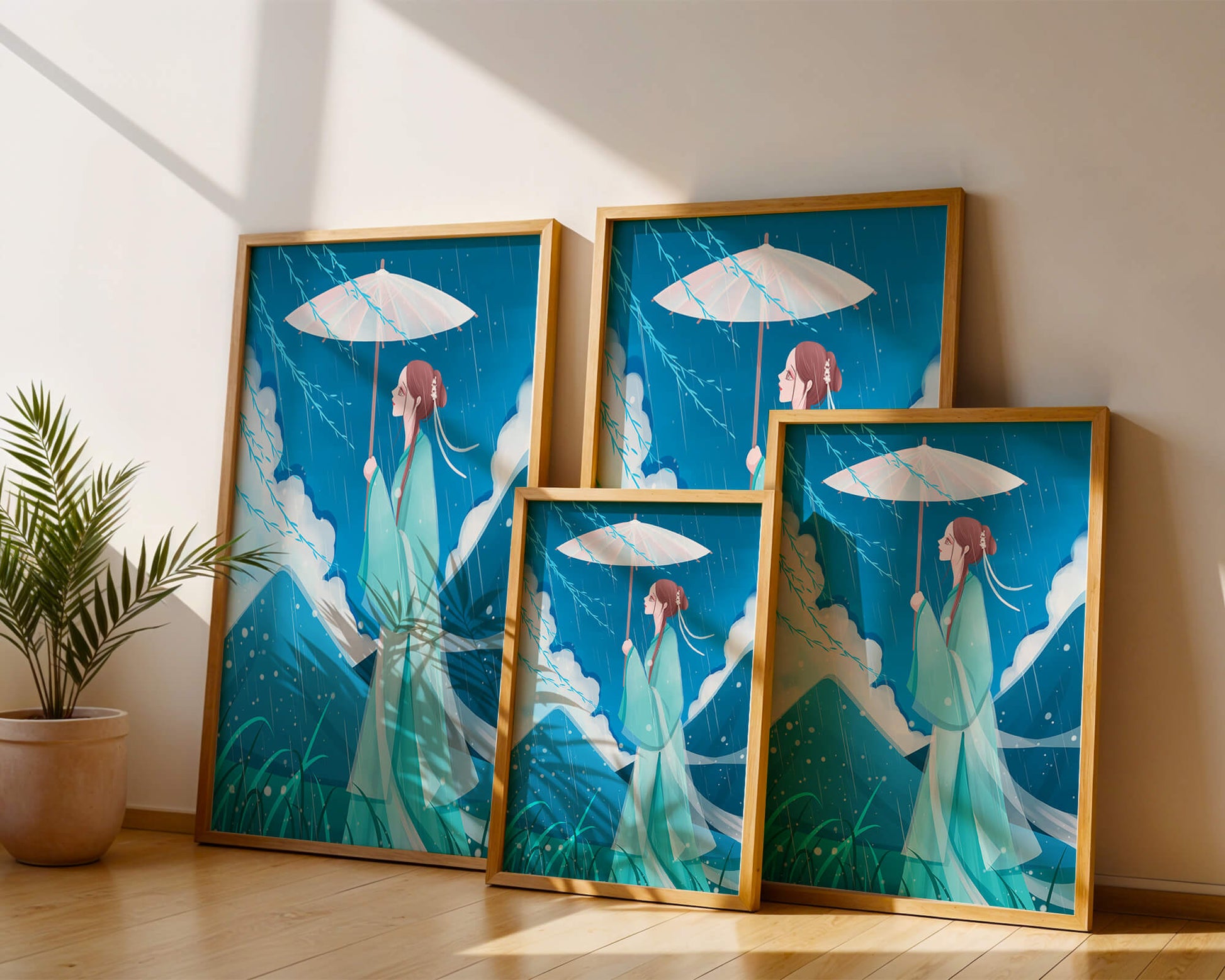 Porträt einer Frau mit Regenschirm in einer verregneten Berglandschaft