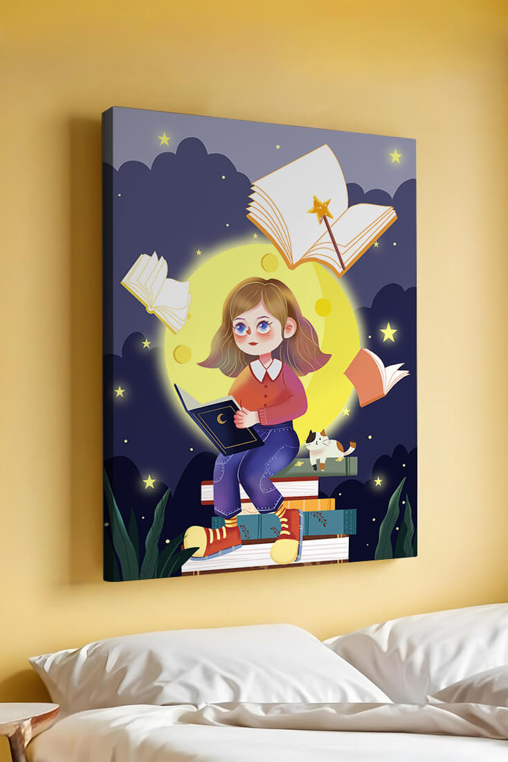 Illustration of a girl reading books under a starry night sky