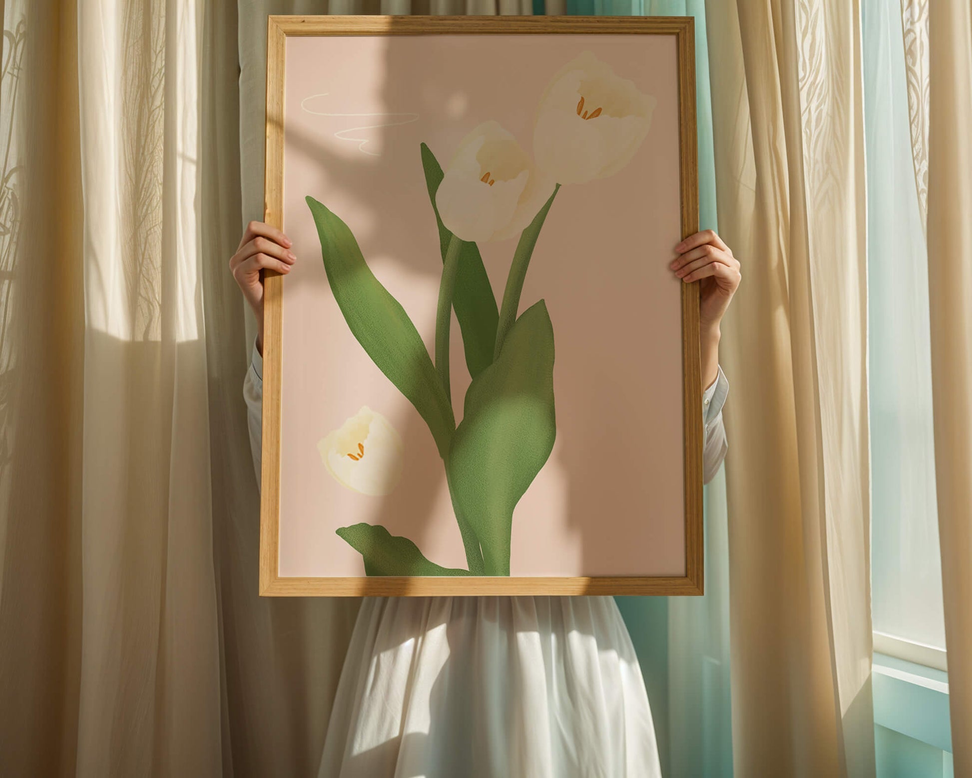 Elegant white tulips illustration on pastel background