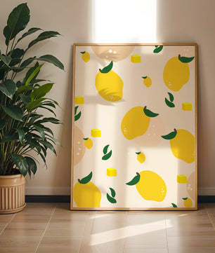 Playful lemon pattern with green leaves and abstract shapes
