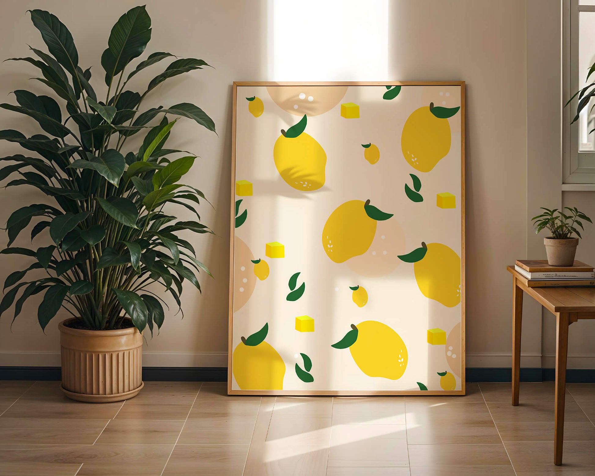 Playful lemon pattern with green leaves and abstract shapes