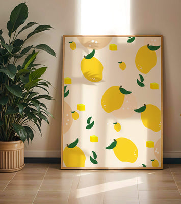 Playful lemon pattern with green leaves and abstract shapes