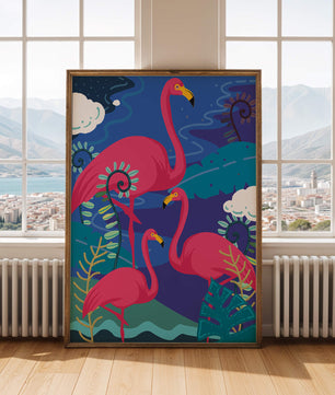 Colorful illustration of flamingos in a tropical setting