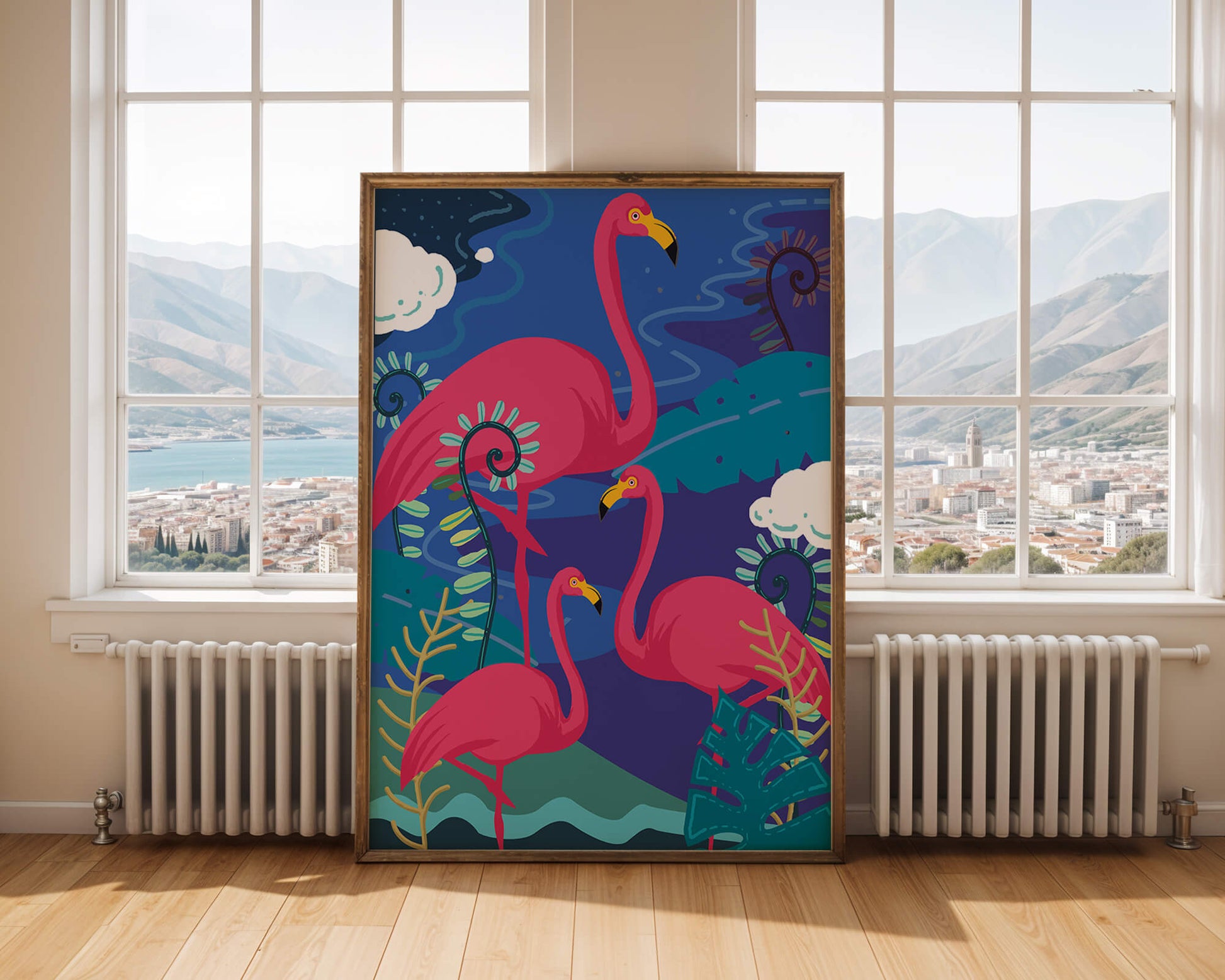 Colorful illustration of flamingos in a tropical setting