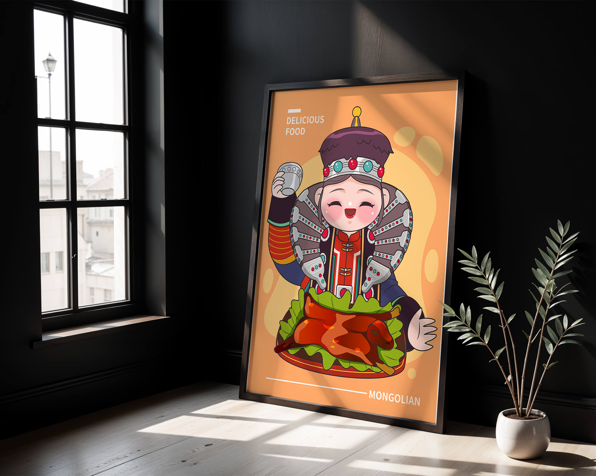 Cartoon character in traditional Mongolian attire with food