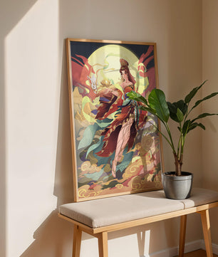 An enchanting depiction of a celestial figure with a mystical rabbit and vibrant attire