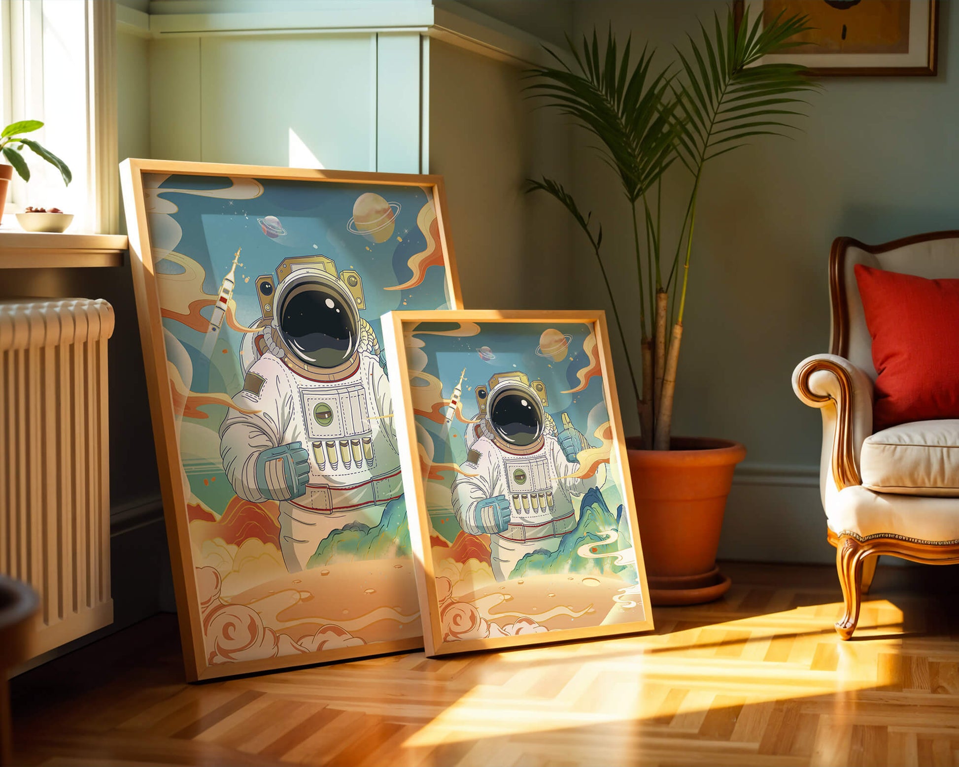 Colorful illustration of an astronaut in space with planets and rocket