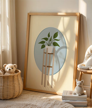 Illustration botanique moderne d'une plante en pot sur un support en bois