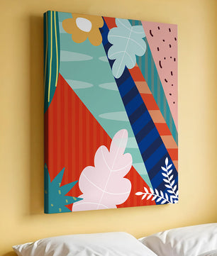 Abstract floral geometric design with vibrant colors and bold patterns