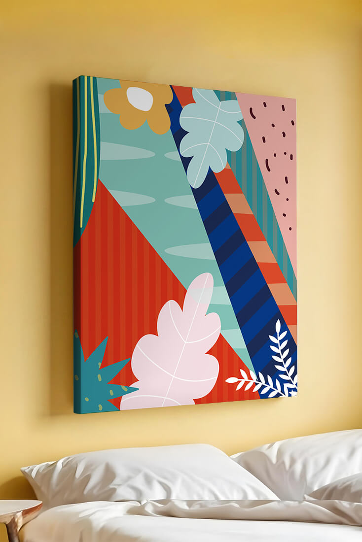 Abstract floral geometric design with vibrant colors and bold patterns