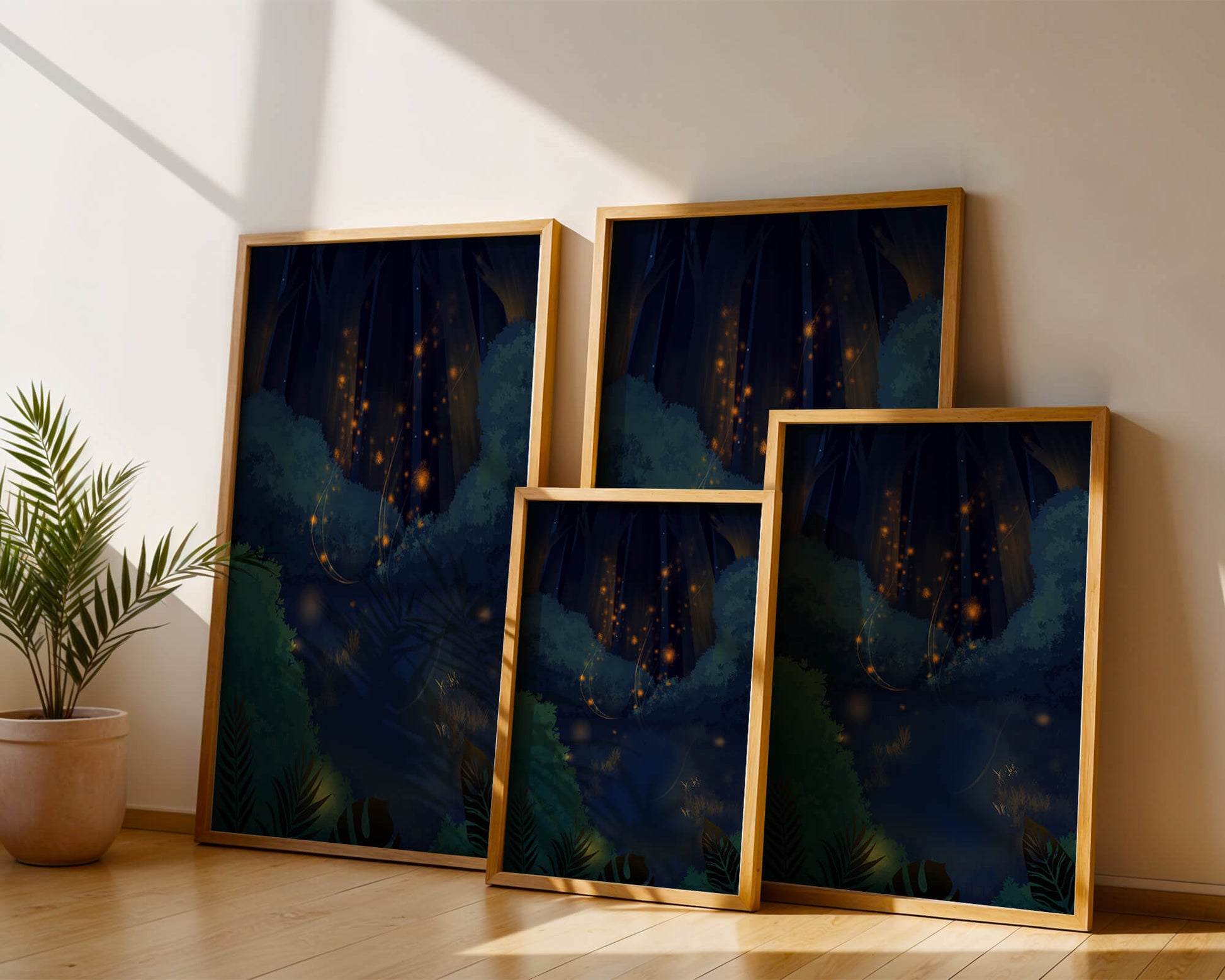 Enchanted night forest with glowing fireflies and dense foliage