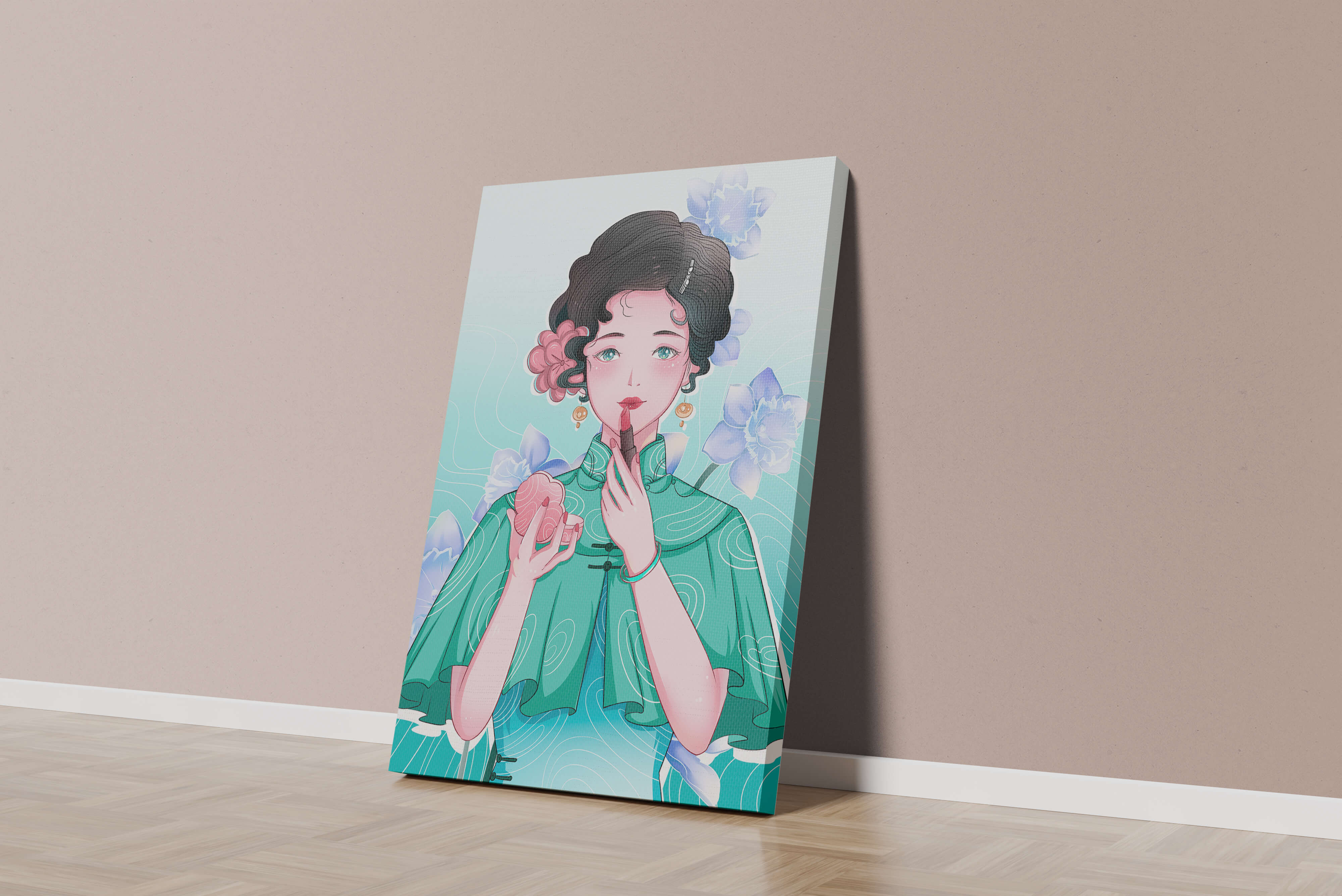 Woman applying lipstick with elegant floral background