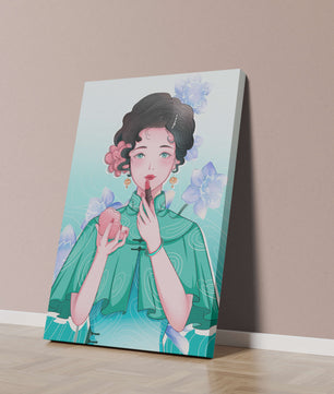 Woman applying lipstick with elegant floral background
