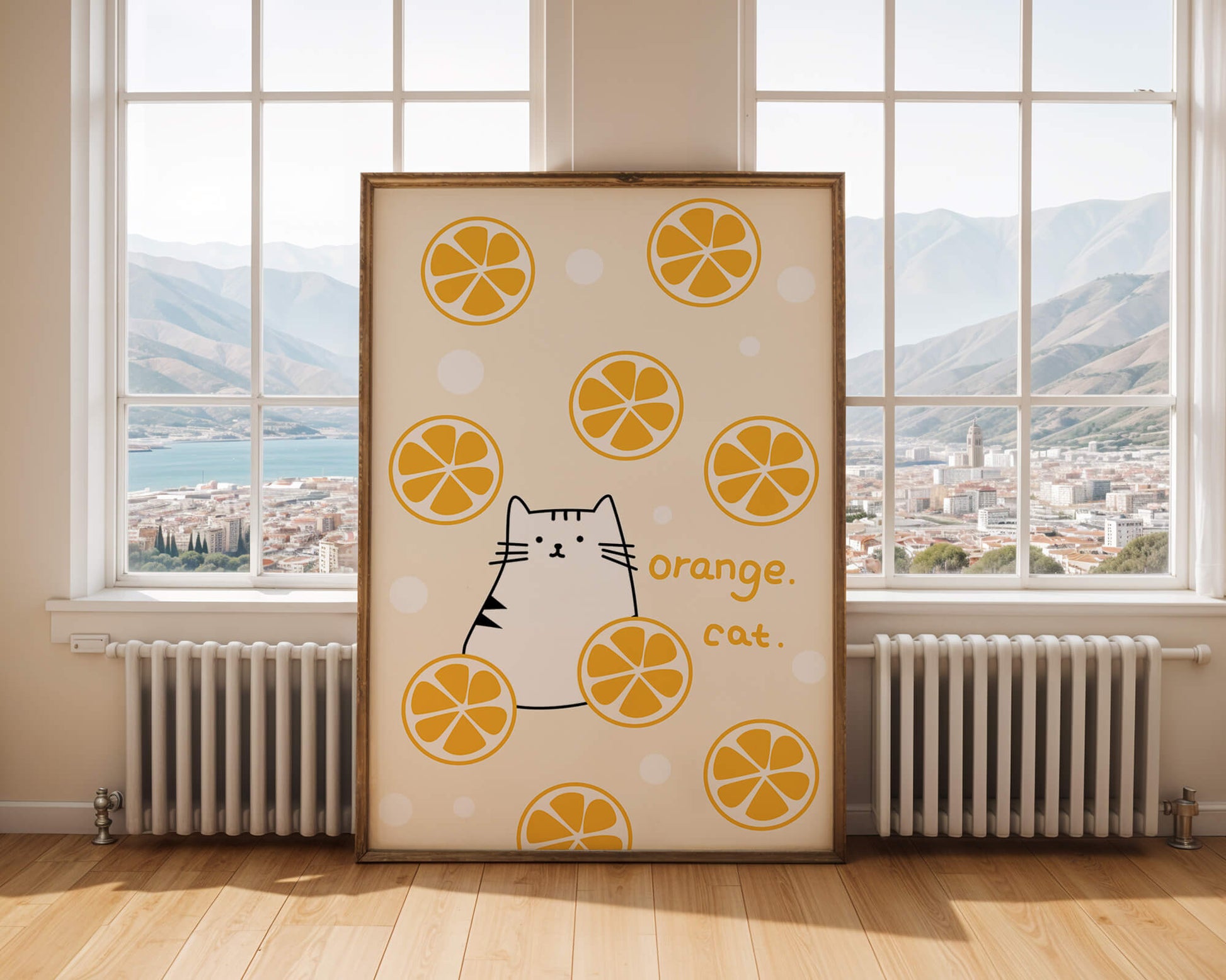 Playful illustration featuring a cat and orange slices