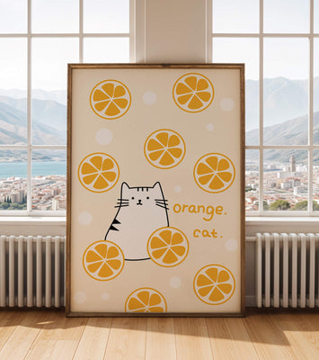Playful illustration featuring a cat and orange slices