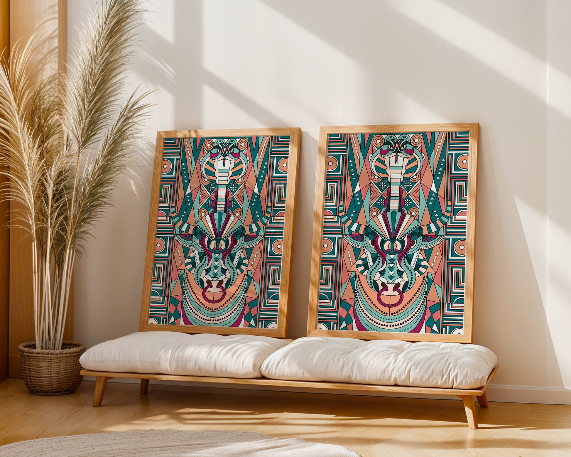 Colorful Geometric Animal and Snake Art Design with Tribal Patterns