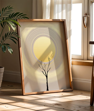Silueta estilizada de un árbol con círculos concéntricos y un sol grande
