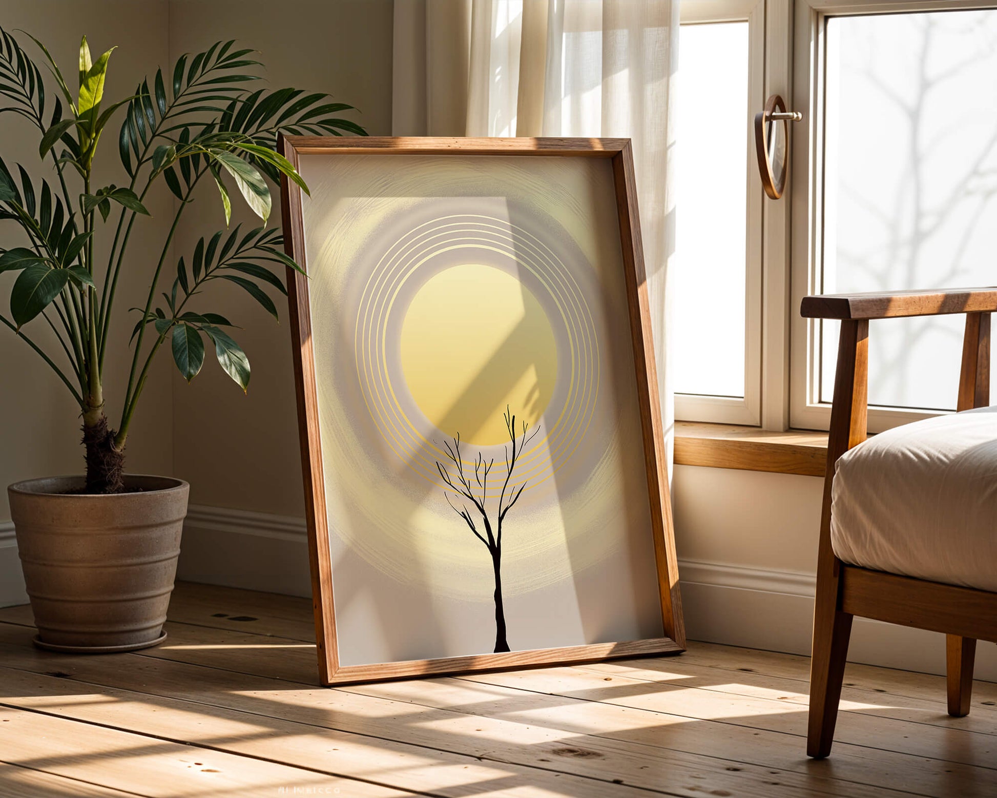 Silueta estilizada de un árbol con círculos concéntricos y un sol grande