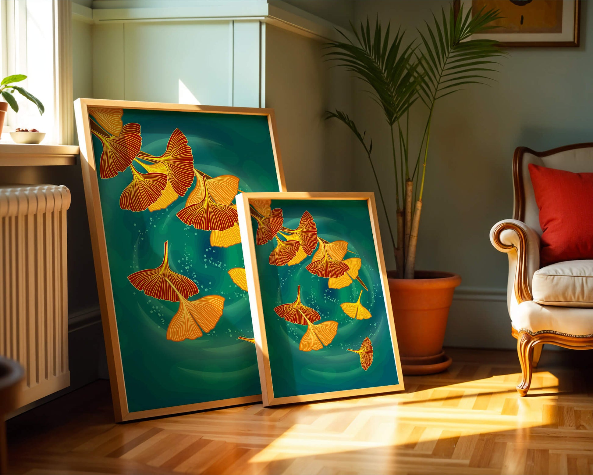 Stylized Ginkgo Leaves Floating on a Turquoise Background