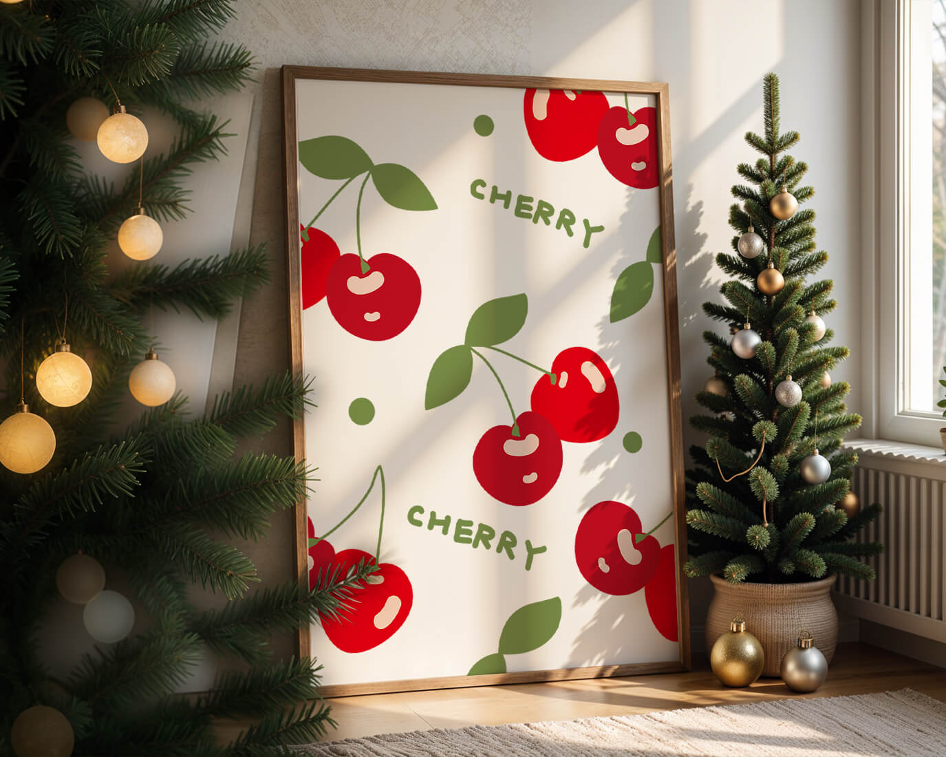 Cherry pattern on black background with green leaves