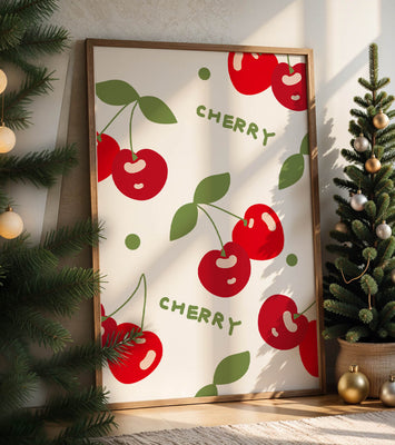Cherry pattern on black background with green leaves