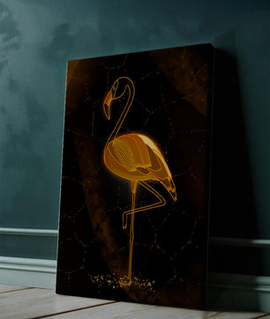 Elegant golden flamingo on abstract dark background