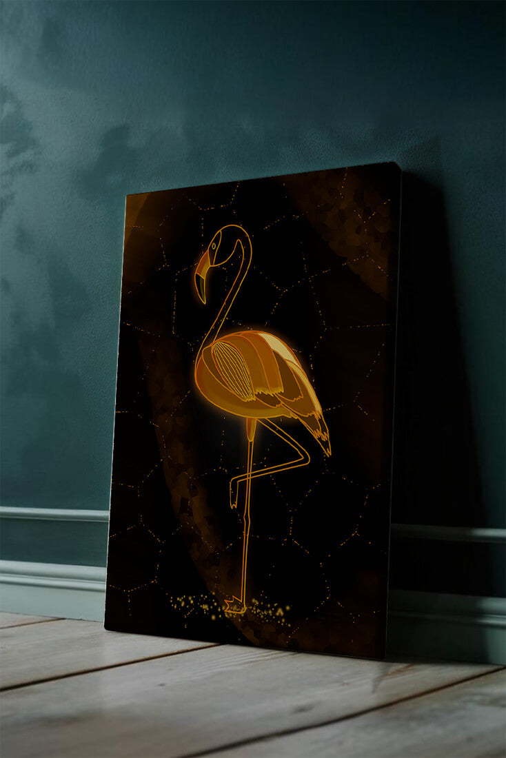 Elegant golden flamingo on abstract dark background